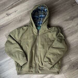 Woolrich Canvas Olive Green Hooded Men's Jacket - blue plaid lining